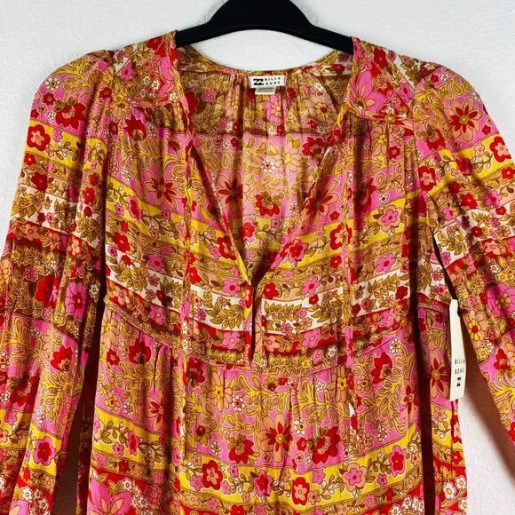 Billabong Mini Dress Hearts Desire Multicolor Floral Long Sleeve V‎ Neck Size XS - Picture 2 of 11
